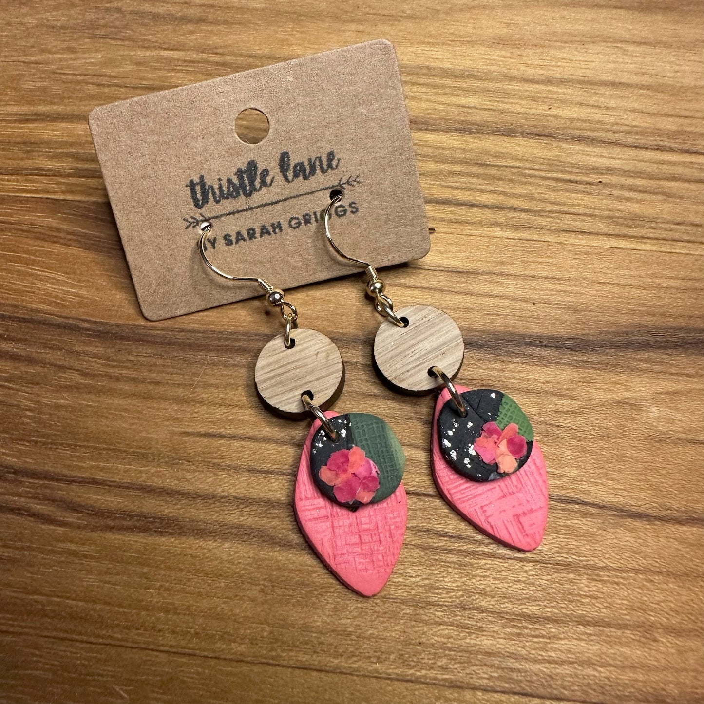 Dangle - Coral & Black Floral w/ Wood Connector