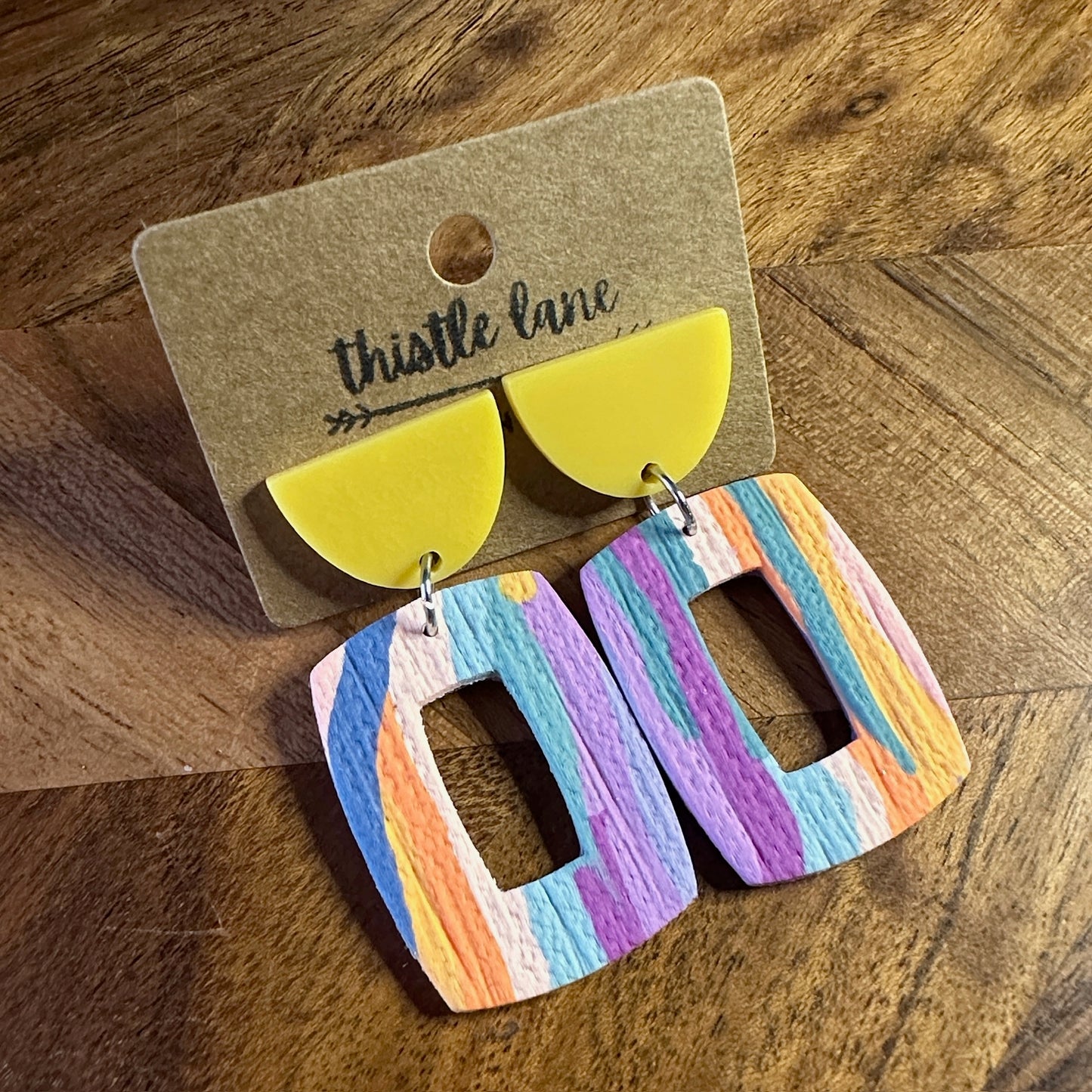 Dangle - Multi Colored Rounded Rectangle on Yellow Acrylic stud